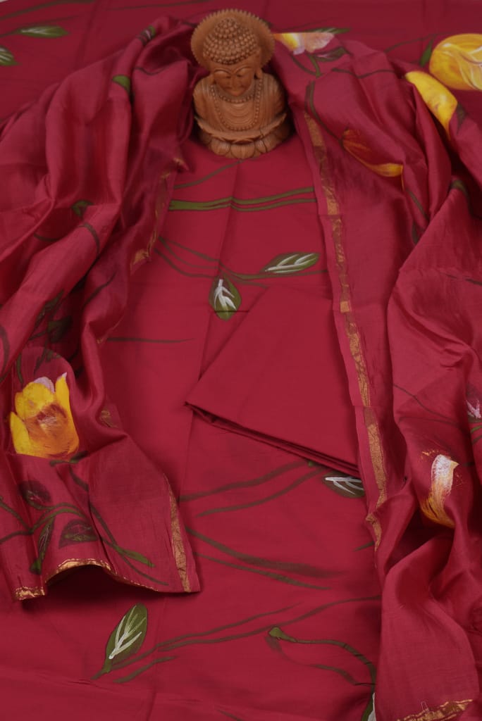 Pink  Flower Print cotton  Unstitched Suit Set with Chanderi Dupatta