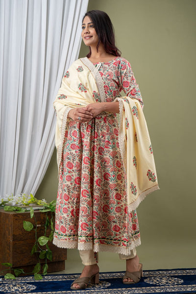 Pink & Cream Flower Print Stitched Cotton Suit Set with Cotton Dupatta