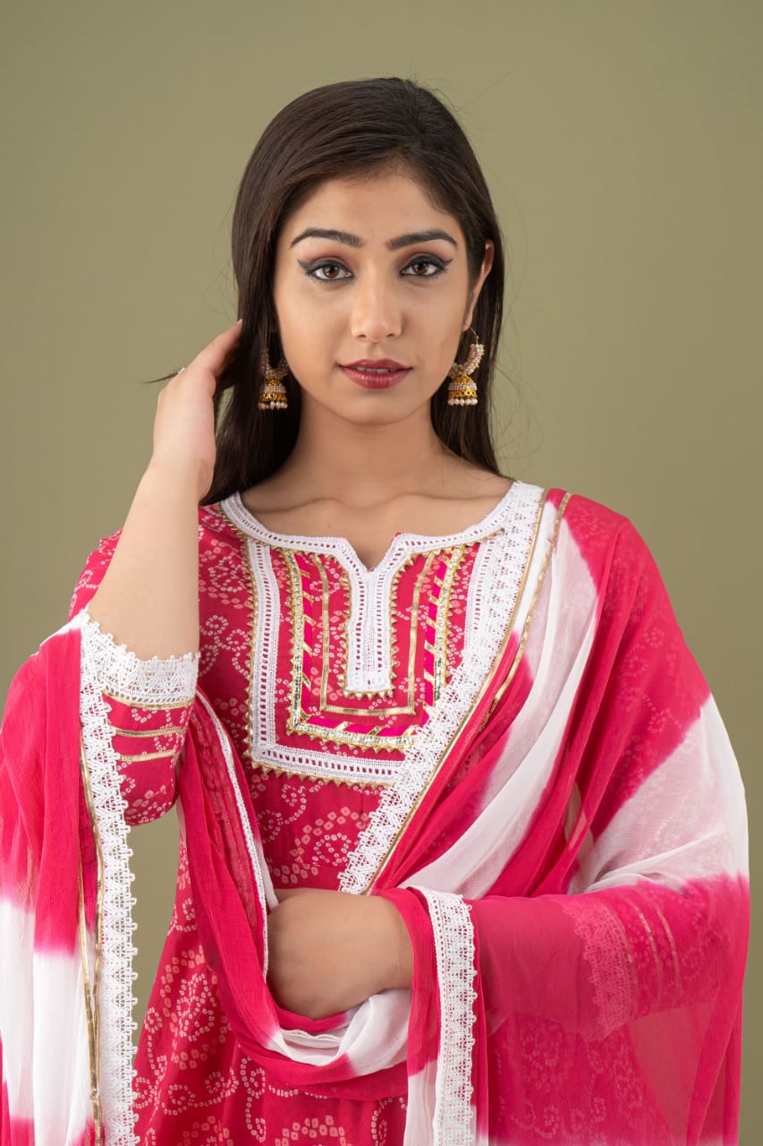 Pink Bhandej Print Stitched Cotton Suit Set with Cotton Dupatta