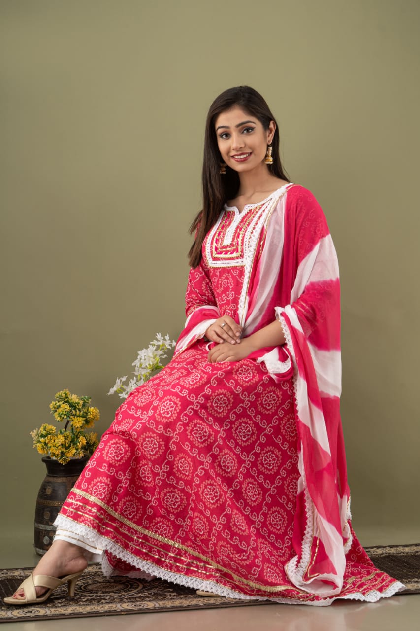 Pink Bhandej Print Stitched Cotton Suit Set with Cotton Dupatta