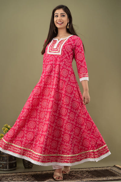 Pink Bhandej Print Stitched Cotton Suit Set with Cotton Dupatta