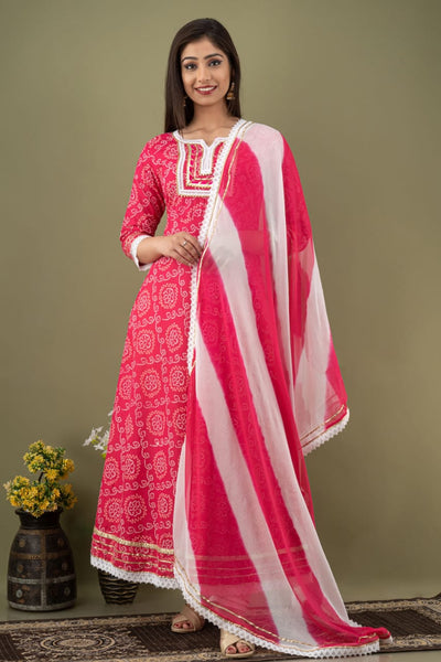 Pink Bhandej Print Stitched Cotton Suit Set with Cotton Dupatta