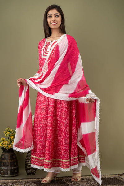 Pink Bhandej Print Stitched Cotton Suit Set with Cotton Dupatta