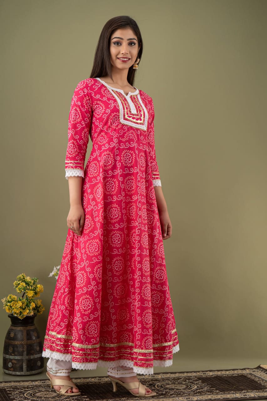 Pink Bhandej Print Stitched Cotton Suit Set with Cotton Dupatta