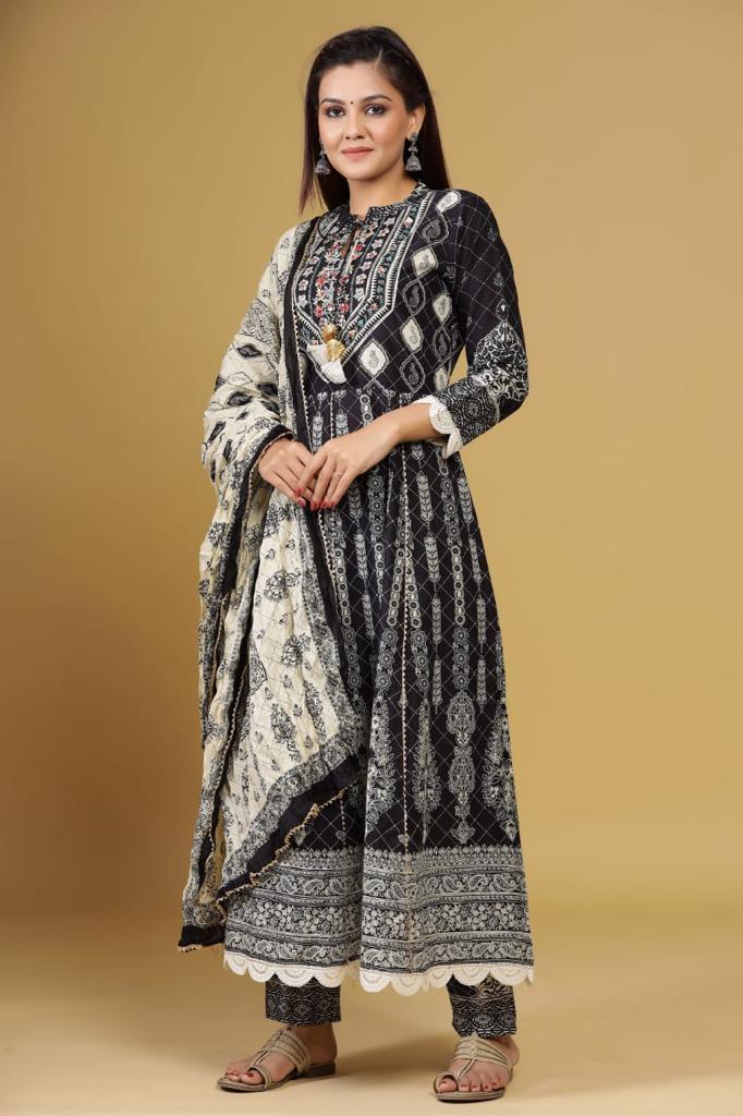 Black Flower Print Stitched Rayon Suit Set with Dupatta