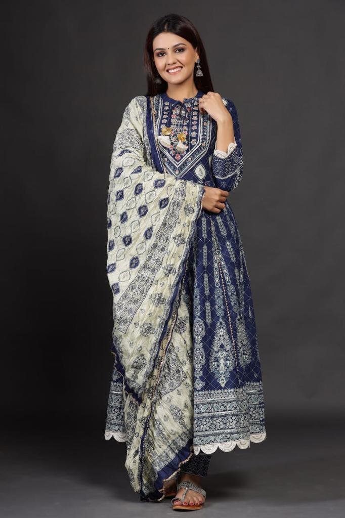Blue Flower Print Stitched Rayon Suit Set with Dupatta