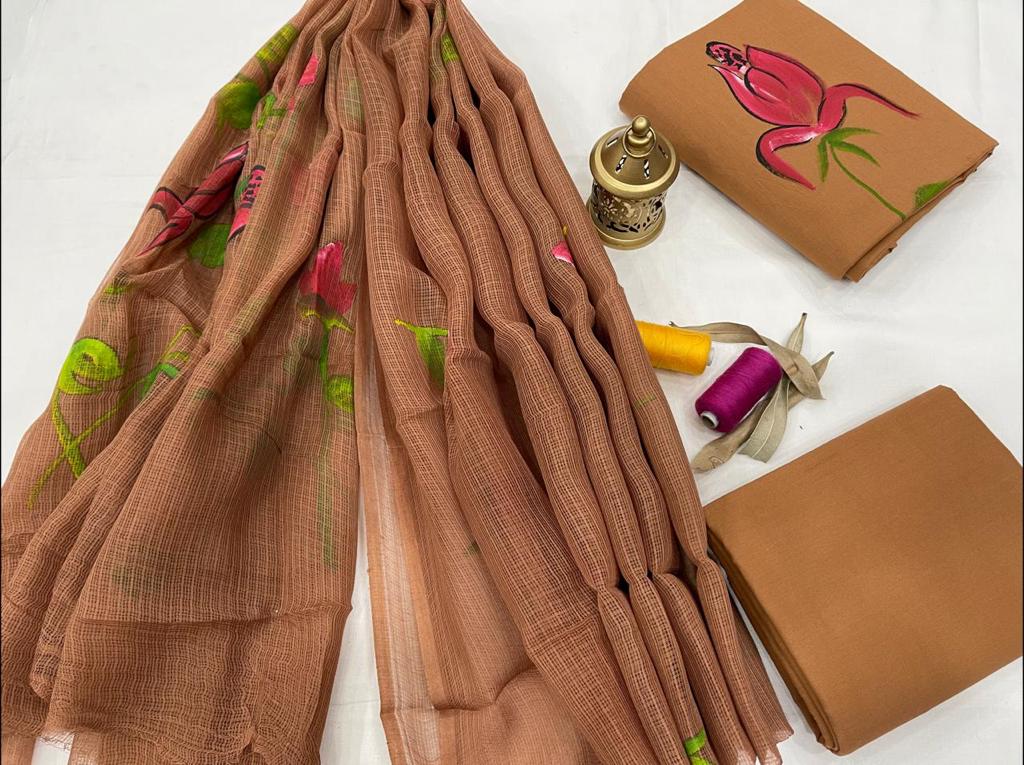 Brown Flower Print Cotton Suit Set with Kota Doria Dupatta