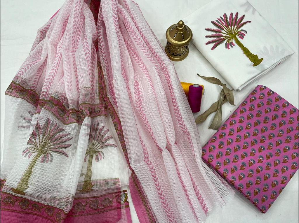 Pink Flower Print Cotton Suit Set with Kota Doria Dupatta