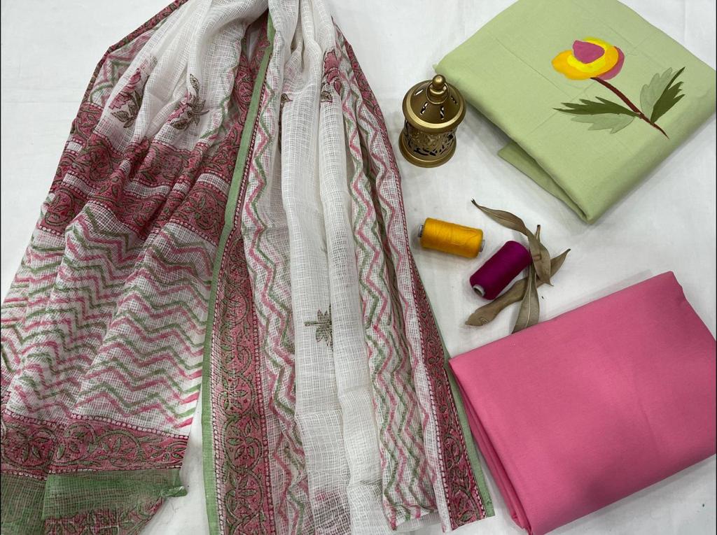 Green & Pink Flower Print Cotton Suit Set with Kota Doria Dupatta
