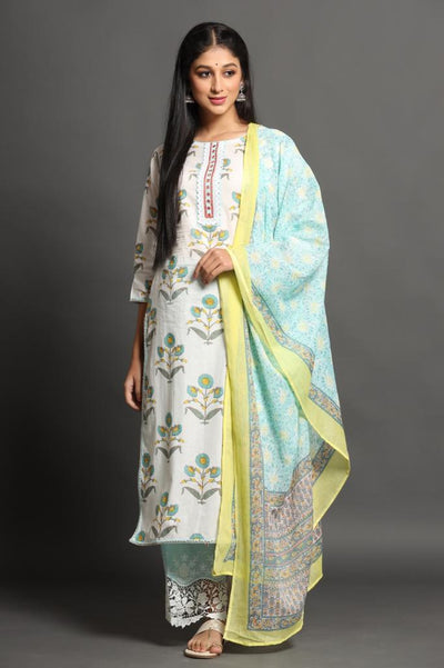 Sky Blue & White Flower Print Stitched Cotton Suit Set with Cotton Dupatta