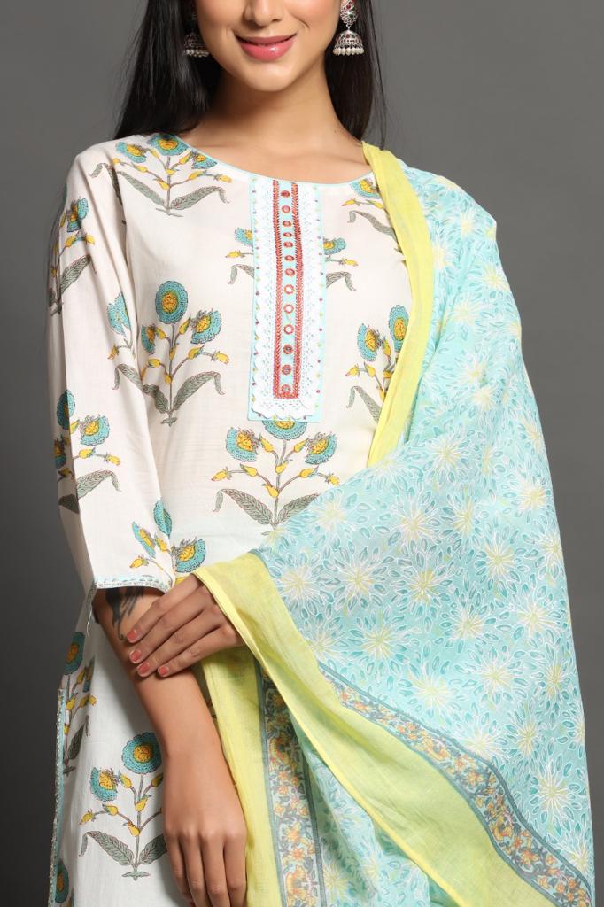 Sky Blue & White Flower Print Stitched Cotton Suit Set with Cotton Dupatta