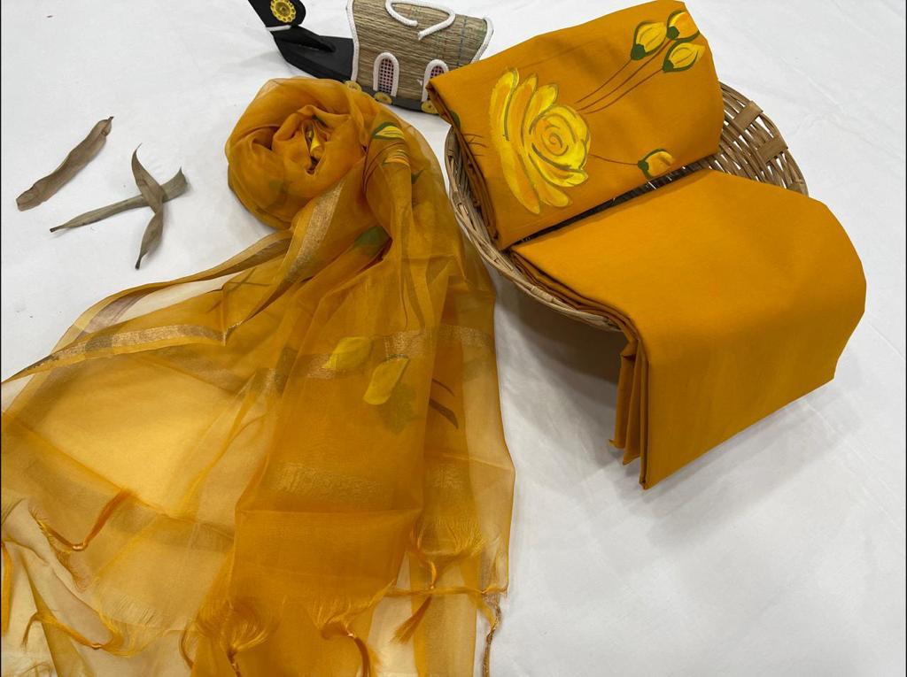 Yellow Flower Print Cotton Unstitched Suit Set with Kota Silk Dupatta