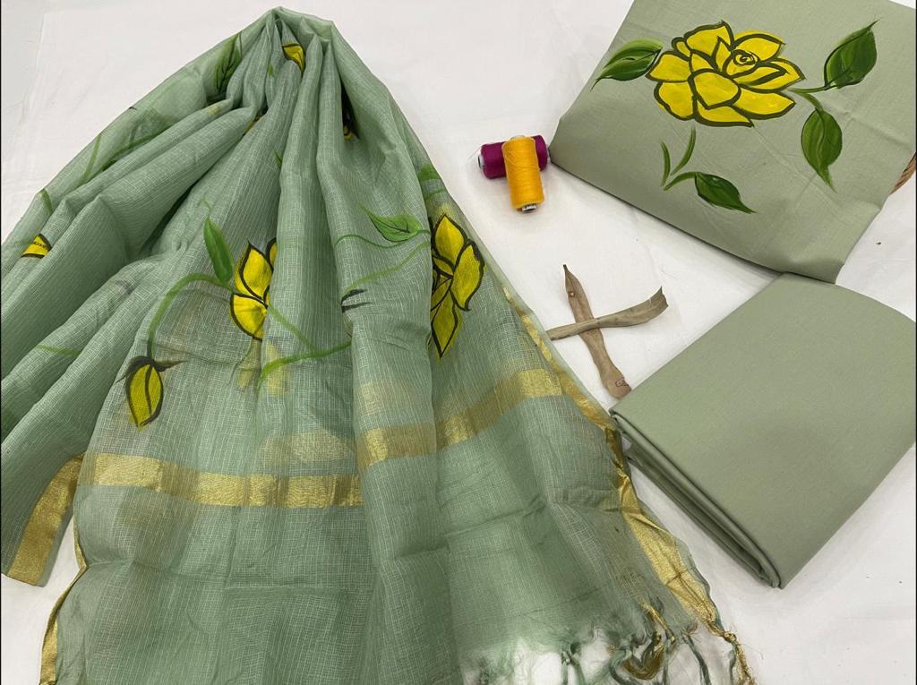 Green Flower Print Cotton Unstitched Suit Set with Kota Silk Dupatta