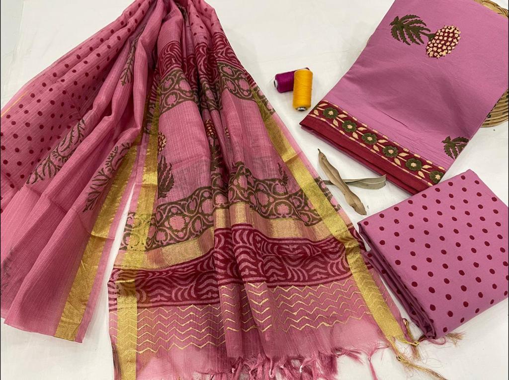 Dark Pink Flower Print Cotton Unstitched Suit Set with Kota Silk Dupatta