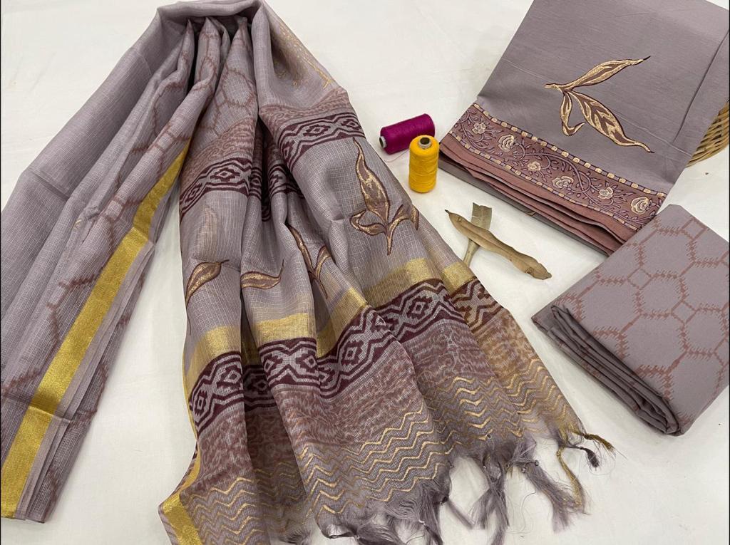 Gray Leaf Print Cotton Unstitched Suit Set with Kota Silk Dupatta