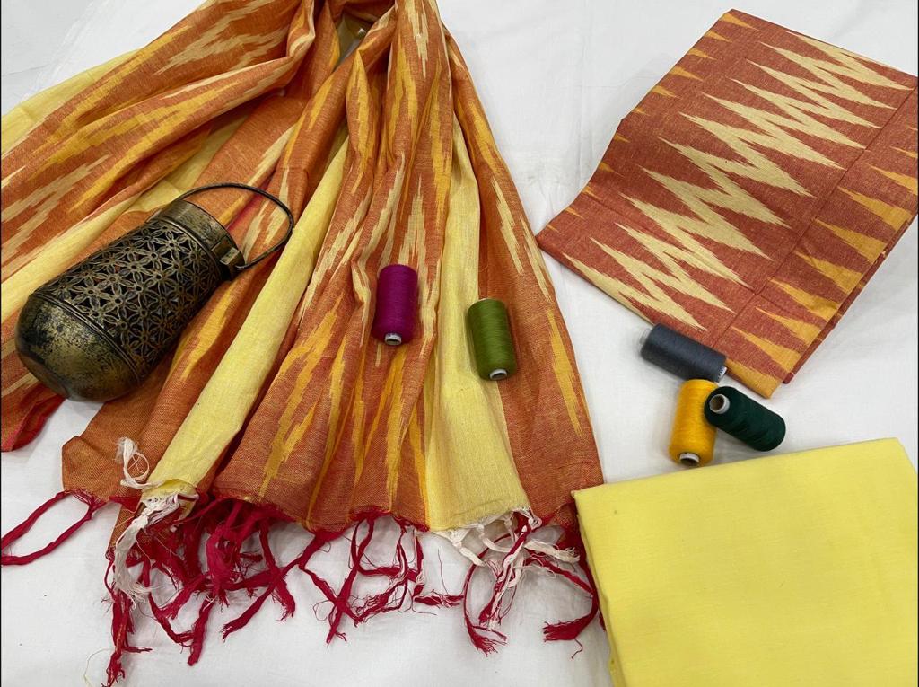 Yellow Handloom Weaving Ikat Unstitched Suit Set With Ikat Dupatta