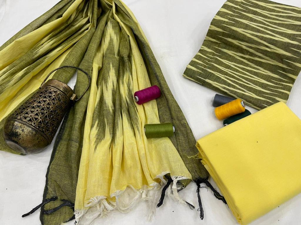 Yellow & Green Handloom Weaving Ikat Unstitched Suit Set With Ikat Dupatta