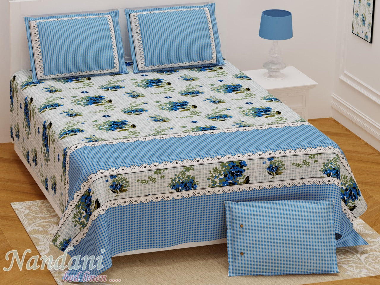 Sky Blue Checks & Flower Print 108*108, XXL Size Premium Cotton Bed Sheet