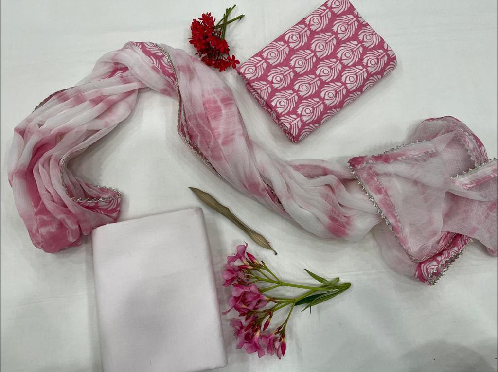 Pink Flower Print Gota Work Cotton Unstitched Suit Set with Chiffon Dupatta