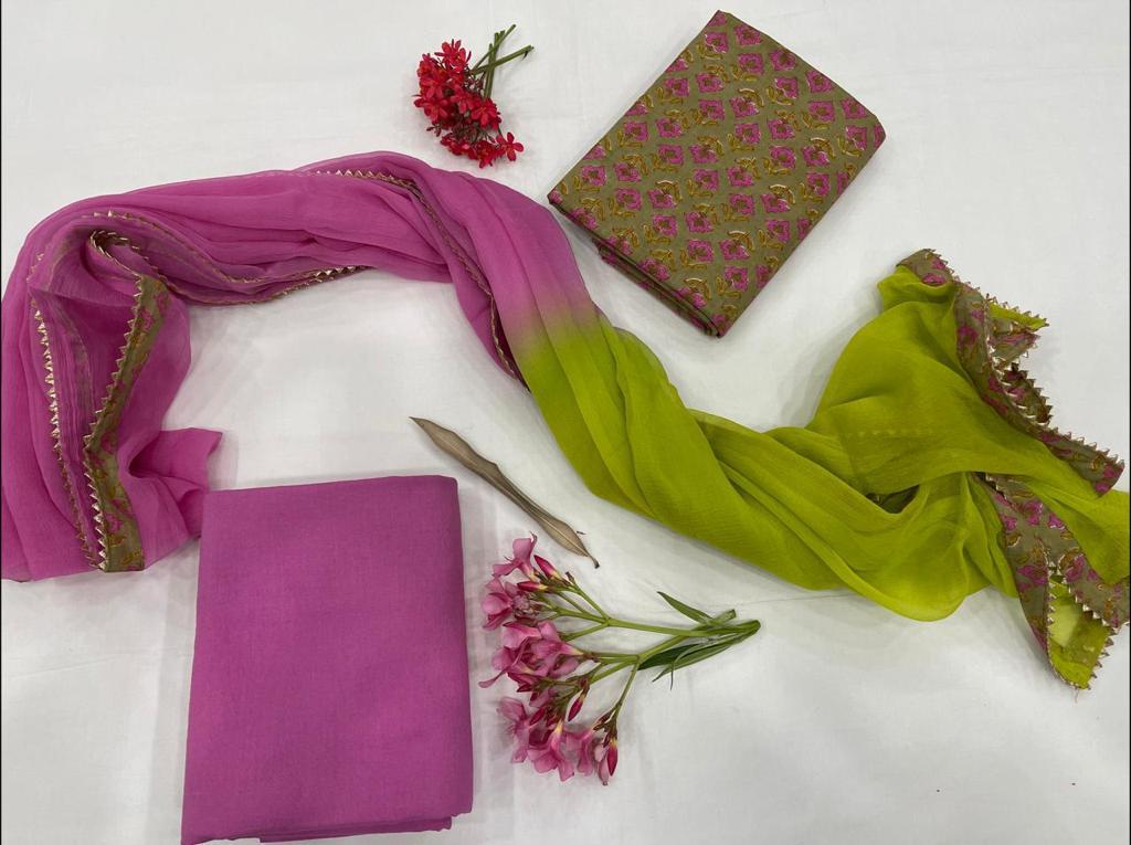 Green & Pink Flower Print Gota Work Cotton Unstitched Suit Set with Chiffon Dupatta