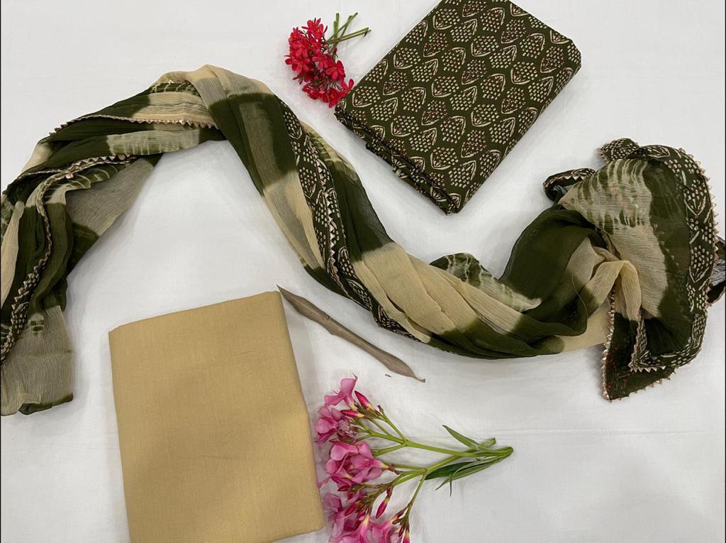 Green Flower Print Gota Work Cotton Unstitched Suit Set with Chiffon Dupatta
