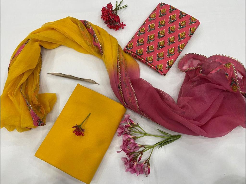 Pink Flower Print Gota Work Cotton Unstitched Suit Set with Chiffon Dupatta