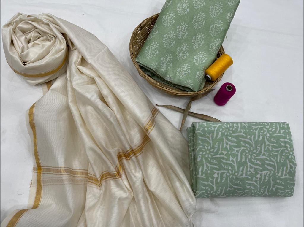 Sea Green Leaf Print Chanderi Unstitched Suit Set with Chanderi Dupatta
