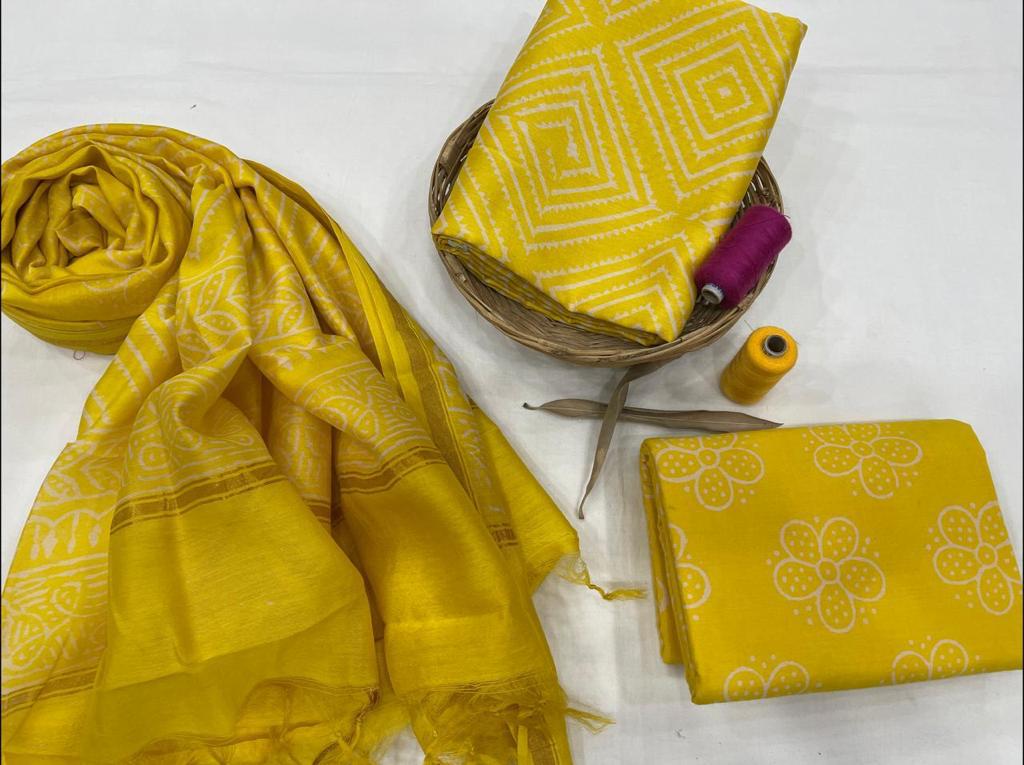 Yellow Flower Print Chanderi Unstitched Suit Set with Chanderi Dupatta