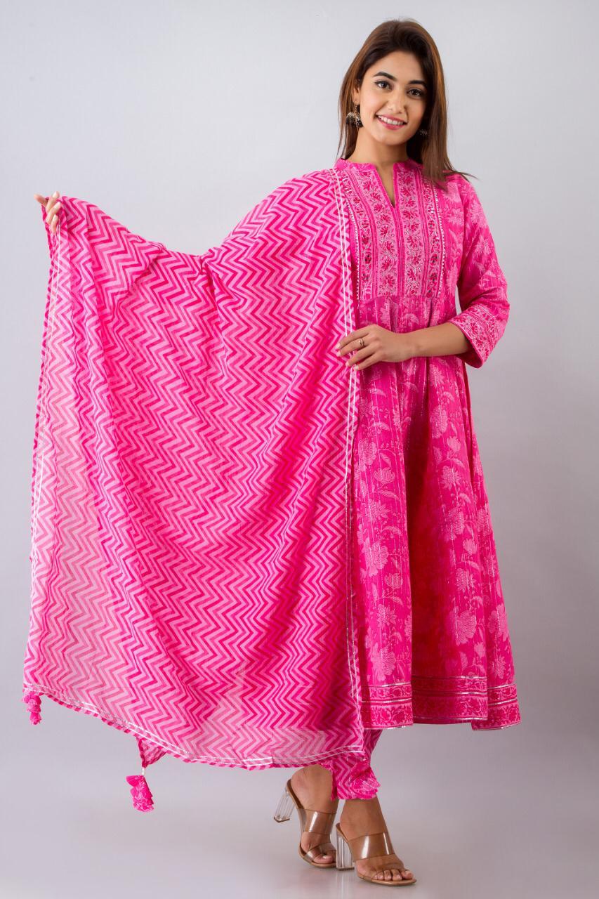 Pink Flower Print Stitched Cotton Suit Set with Cotton Dupatta