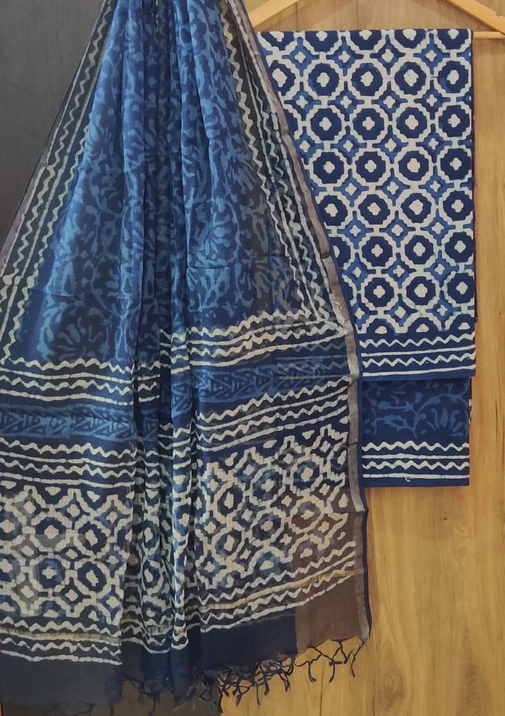 Blue Flower Print Cotton Unstitched Suit Set with Kota Doria Duppatta Zari Border
