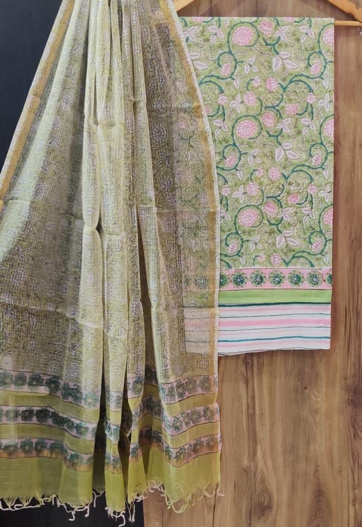 Green Flower Print Cotton Unstitched Suit Set with Kota Doria Duppatta Zari Border