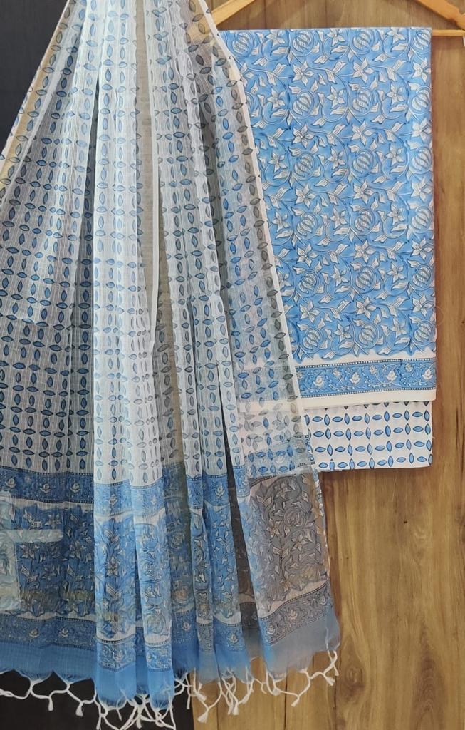 Sky Blue Flower Print Cotton Unstitched Suit Set with Kota Doria Dupatta Zari Border