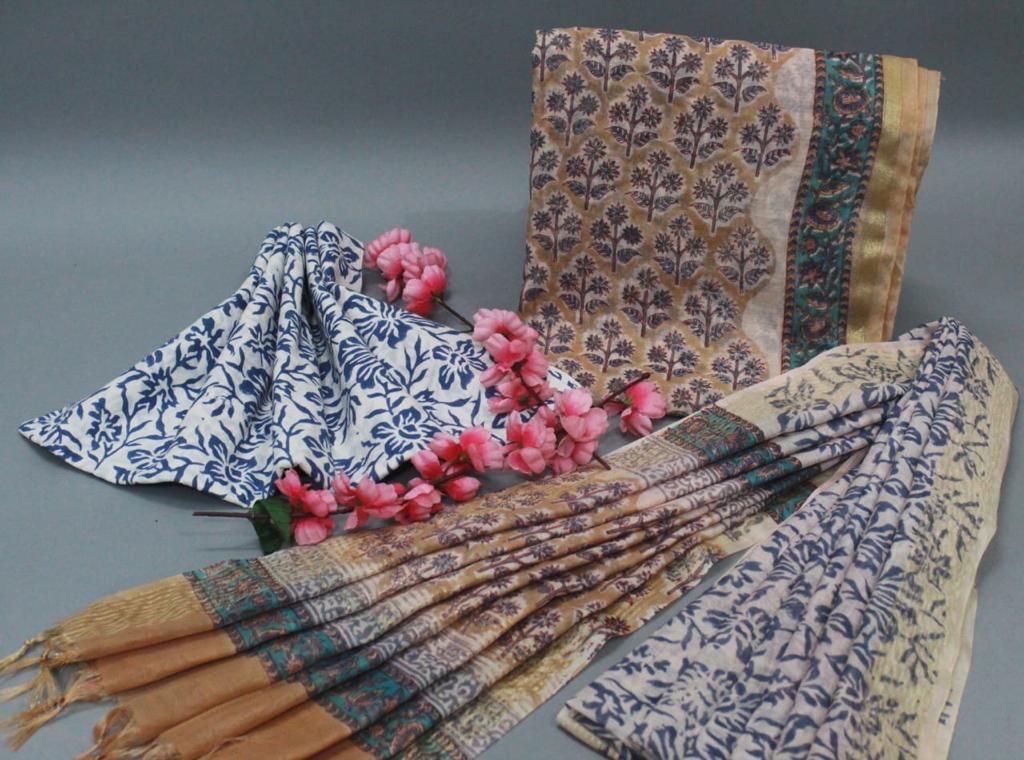 Blue & Brown Flower Print Chanderi Unstitched Suit Set with Chanderi Dupatta