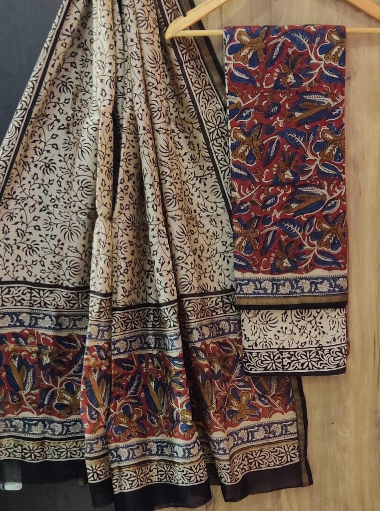 Cream Flower Print Chanderi Unstitched Suit Set with Chanderi Dupatta