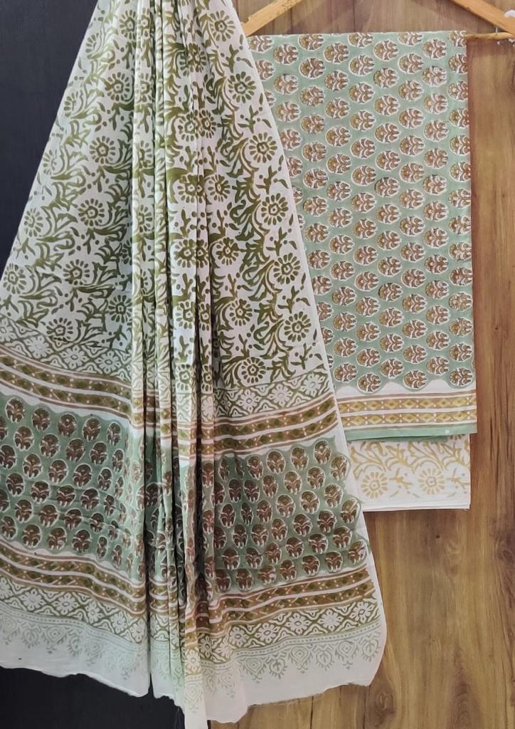 Green Flower Print Cotton Unstitched Suit Set with Cotton Dupatta