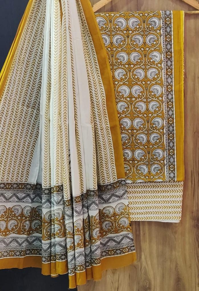 Gold Flower Print Cotton Unstitched Suit Set with Cotton Dupatta