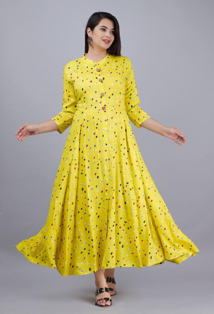 Yellow Printed Long Kurti