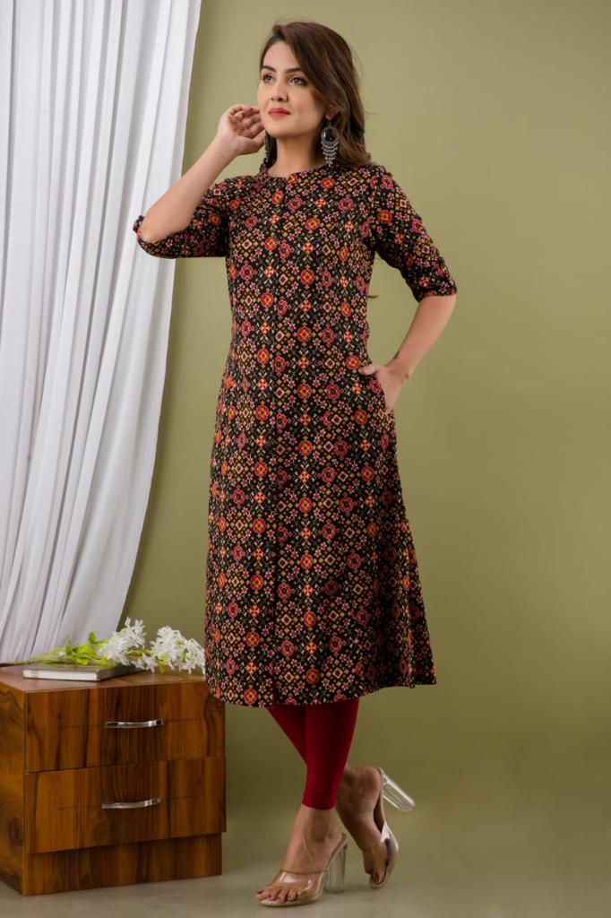 Black Flower Print Cotton A - Line Kurti