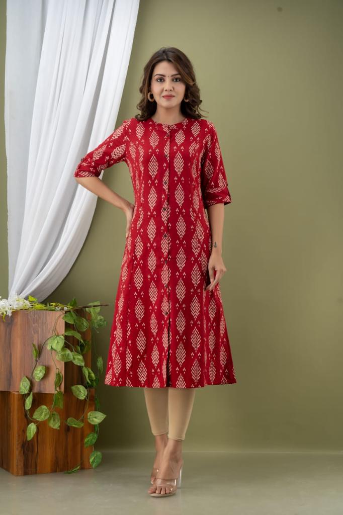 Red Flower Print Cotton A - Line Kurti