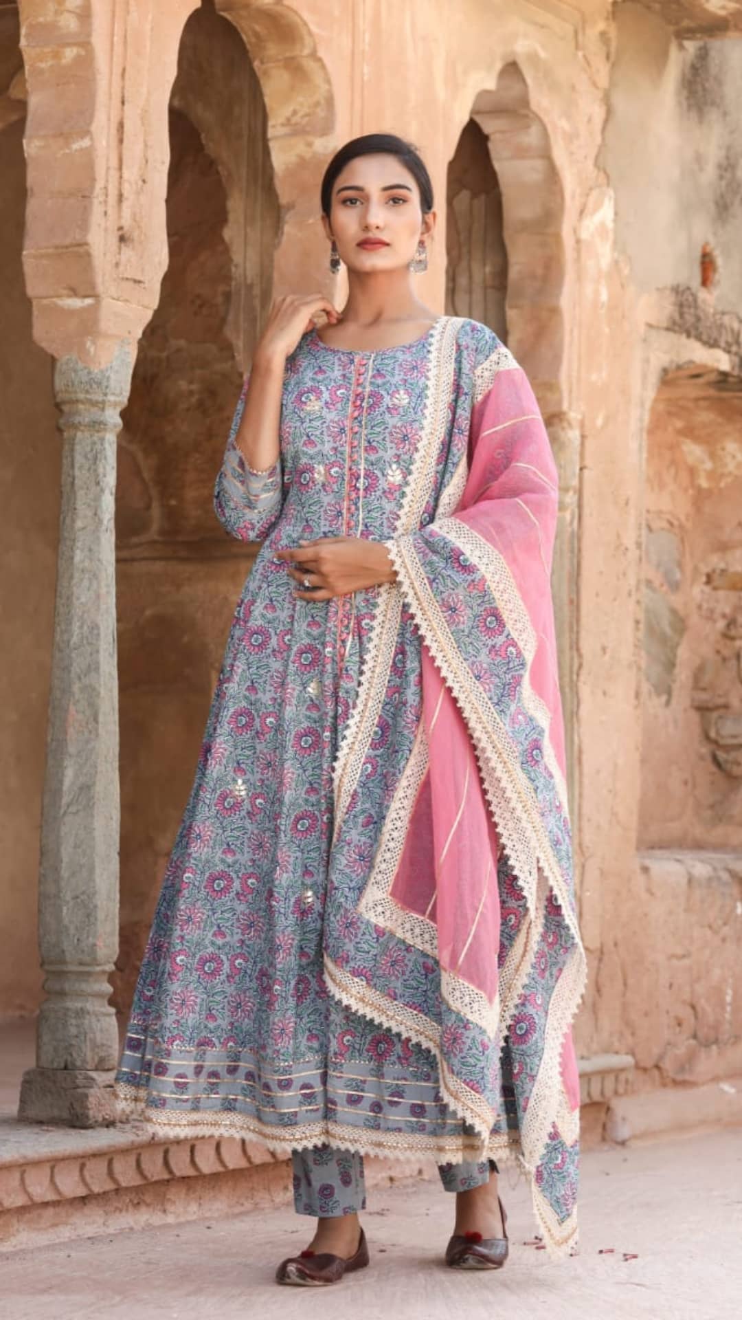 Gray Flower Print Stitched Cotton Suit Set with Cotton Dupatta