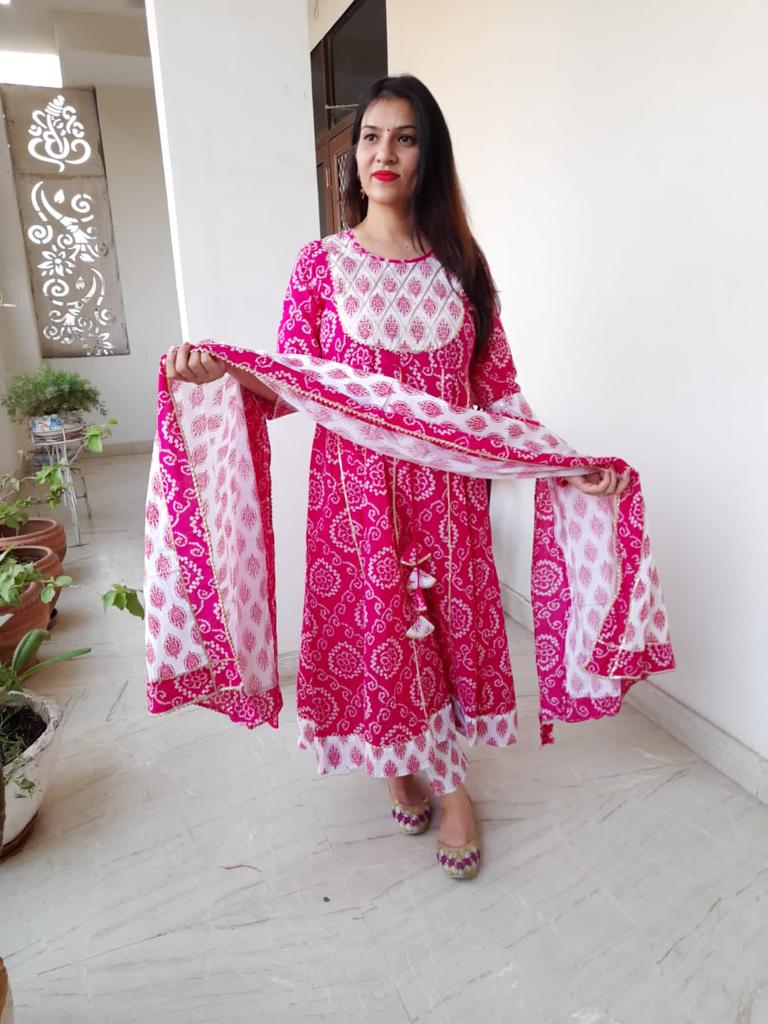 Pink Flower Print Anarkali Cotton Gown with Pant & Dupatta