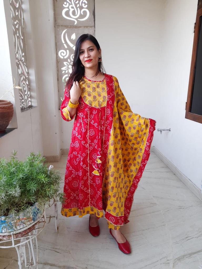 Red & Yellow Flower Print Anarkali Cotton Gown with Pant & Dupatta