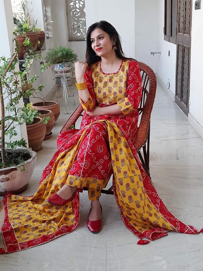 Red & Yellow Flower Print Anarkali Cotton Gown with Pant & Dupatta