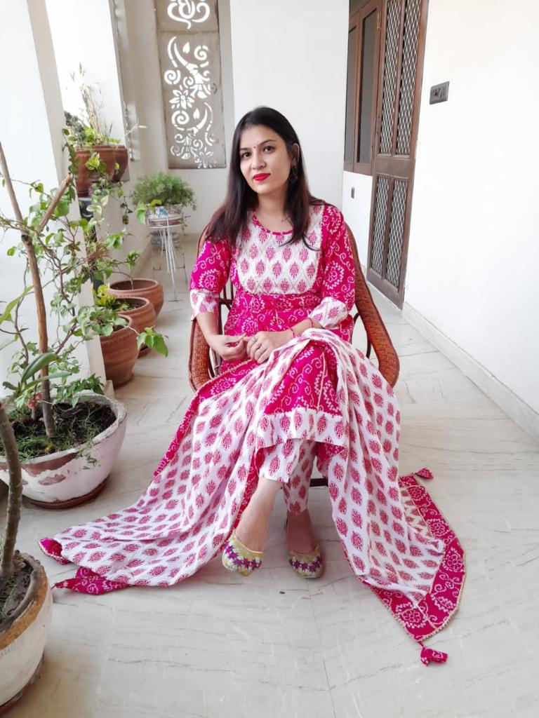 Pink Flower Print Anarkali Cotton Gown with Pant & Dupatta