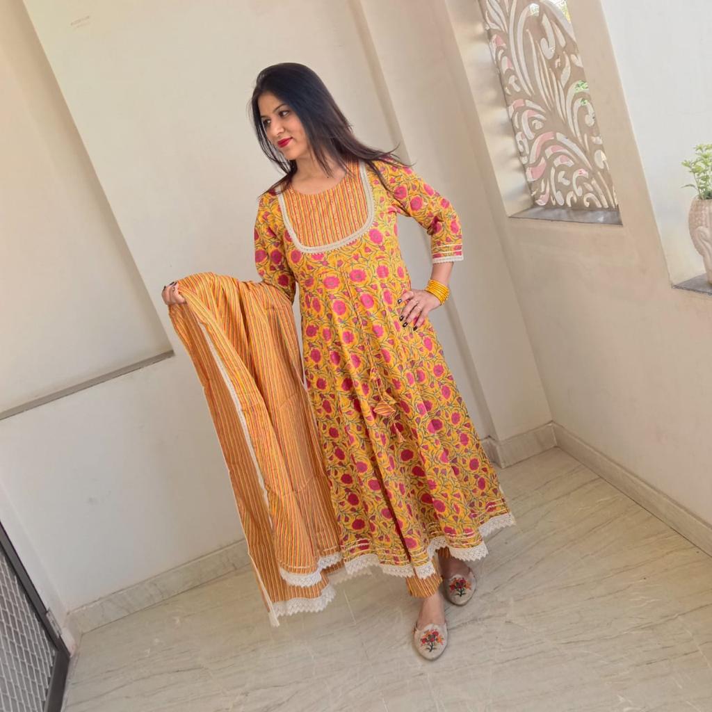 Yellow Flower Print Anarkali Cotton Gown with Pant & Dupatta