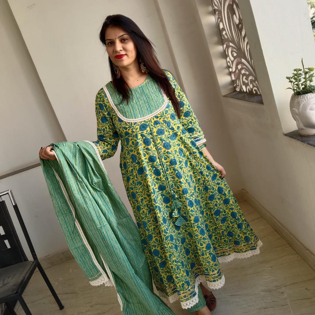 Green Flower Print Anarkali Cotton Gown with Pant & Dupatta
