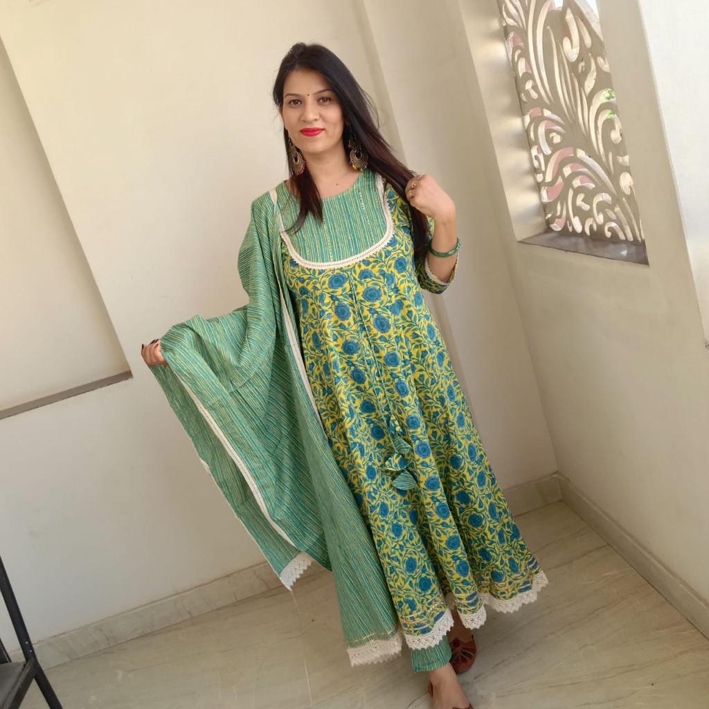 Green Flower Print Anarkali Cotton Gown with Pant & Dupatta