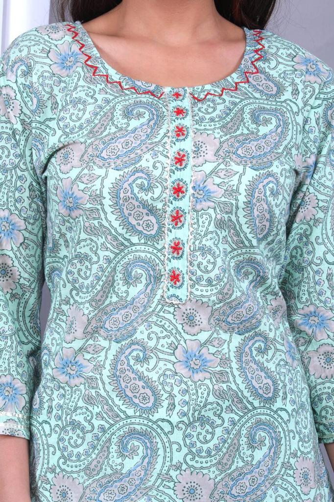 Sky Blue Flower Print Cotton Kurti Pant with Dupatta