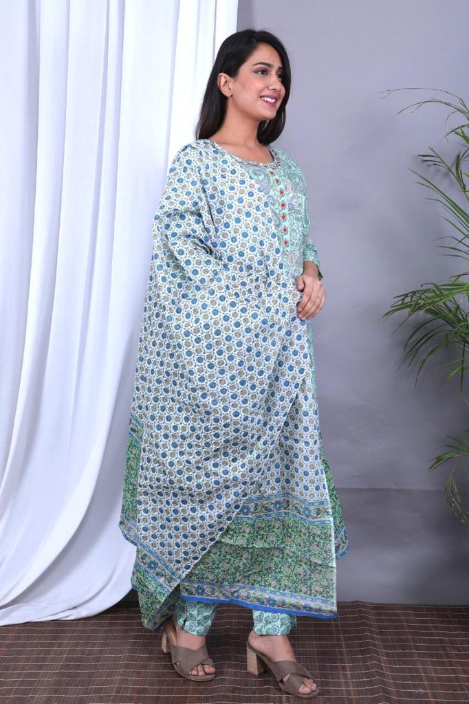 Sky Blue Flower Print Cotton Kurti Pant with Dupatta