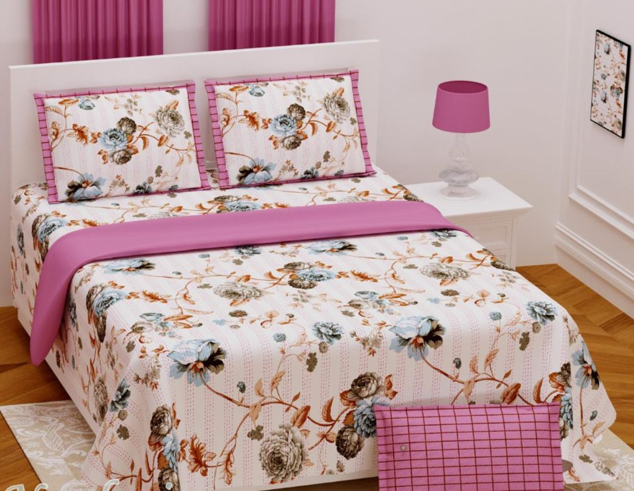 Beige Base Grey & Blue Multi color Flower Print 108*108, XXL Size Premium Cotton Bed Sheet